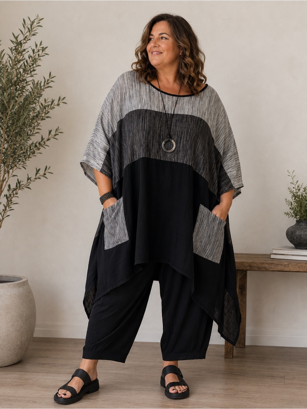 IC by Connie K Linen Tunic Oversized XL Handkerchief Hem Black Gray Lagenlook